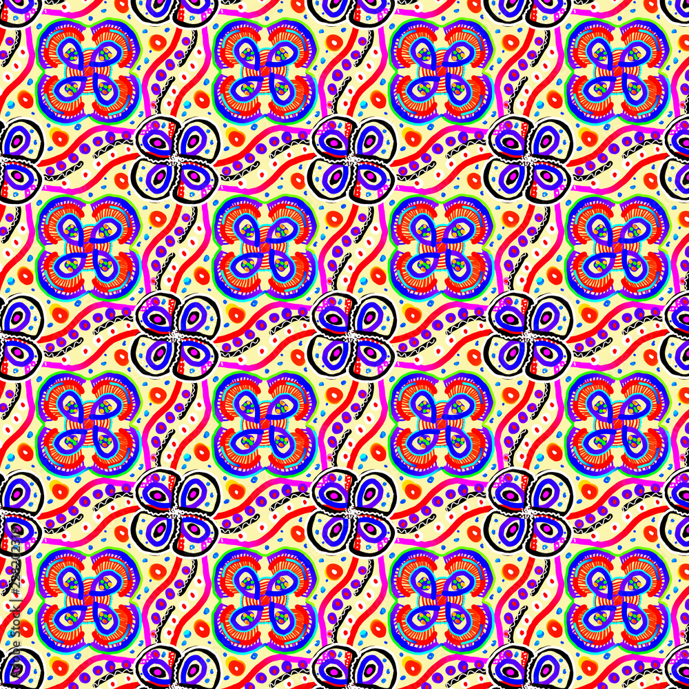 Colorful decorated floral repeating pattern with cool vivid colors and black outlines for textiles, fabrics, prints, backgrounds, backdrops and creative festive and lively surface designs