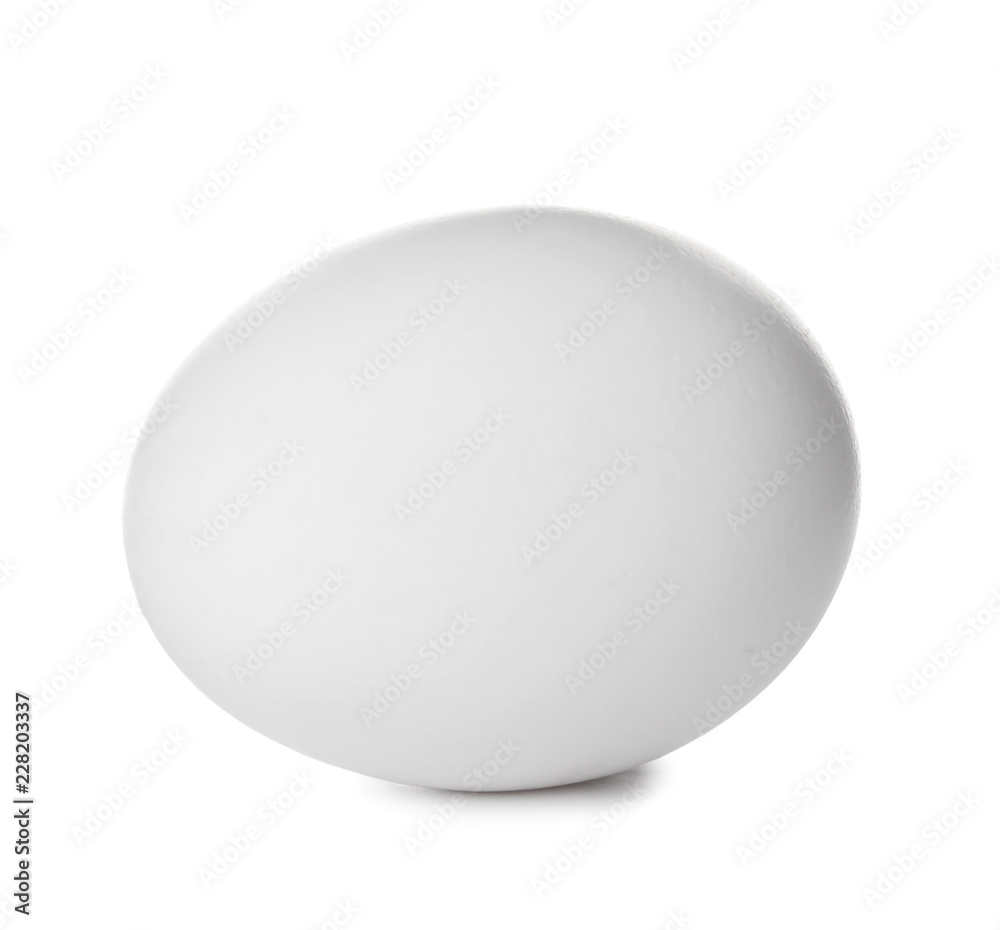 Single raw chicken egg on white background