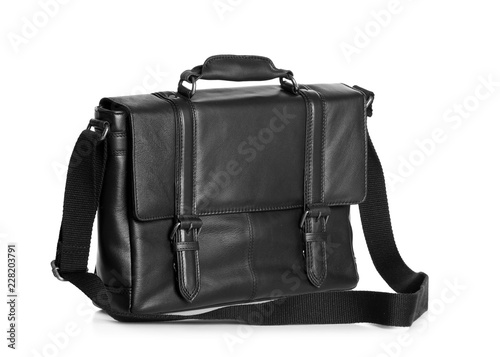 Black male leather briefcase with strap on white background