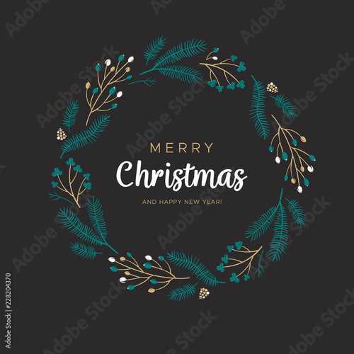 Christmas wreath of berries and pine branches on the black background. Unique design for your greeting cards, banners, flyers. Vector illustration in modern style.