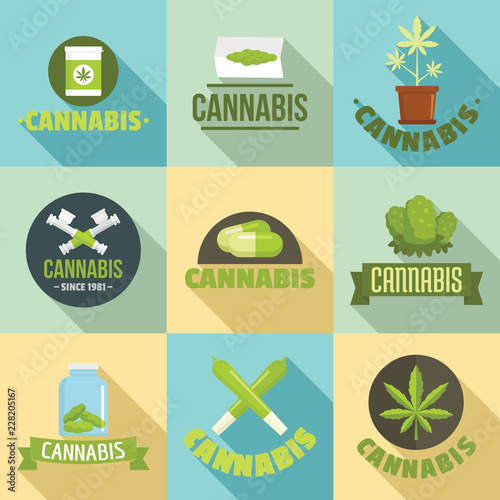 Cannabis plant logo set. Flat set of cannabis plant vector logo for web design