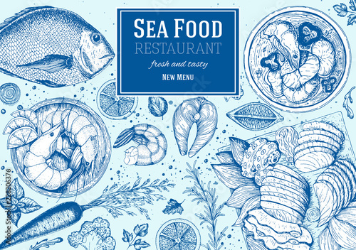 Vintage seafood frame vector illustration. Hand drawn with ink. Cooked seafood dish on the table top view. Engraved style image
