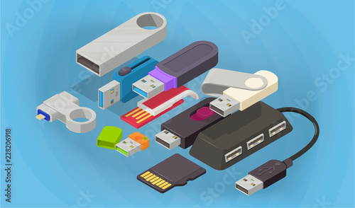 Flash drive concept banner. Isometric banner of flash drive vector concept for web, giftcard and postcard