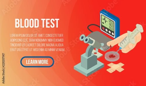 Blood test concept banner. Isometric banner of blood test vector concept for web, giftcard and postcard