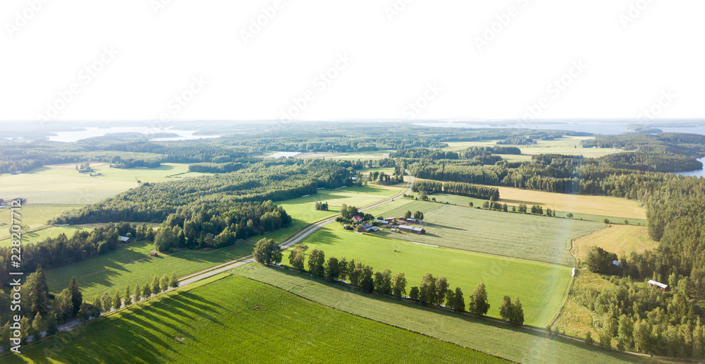 Aerial countryside landscape with white border horizon