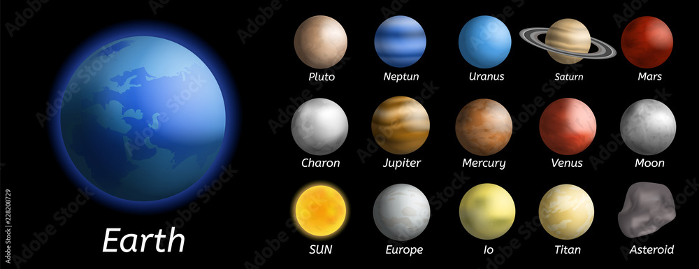 Galaxy planets icon set Realistic set of galaxy planets vector icons Galaxy planets icon set Realistic set of galaxy planets vector icons