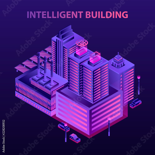 Futuristic intelligent building concept background. Isometric illustration of futuristic intelligent building vector concept background for web design