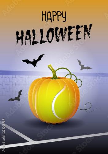 Happy Halloween. Sports greeting card. Realistic tennis ball in the shape of a Pumpkin. Vector illustration.