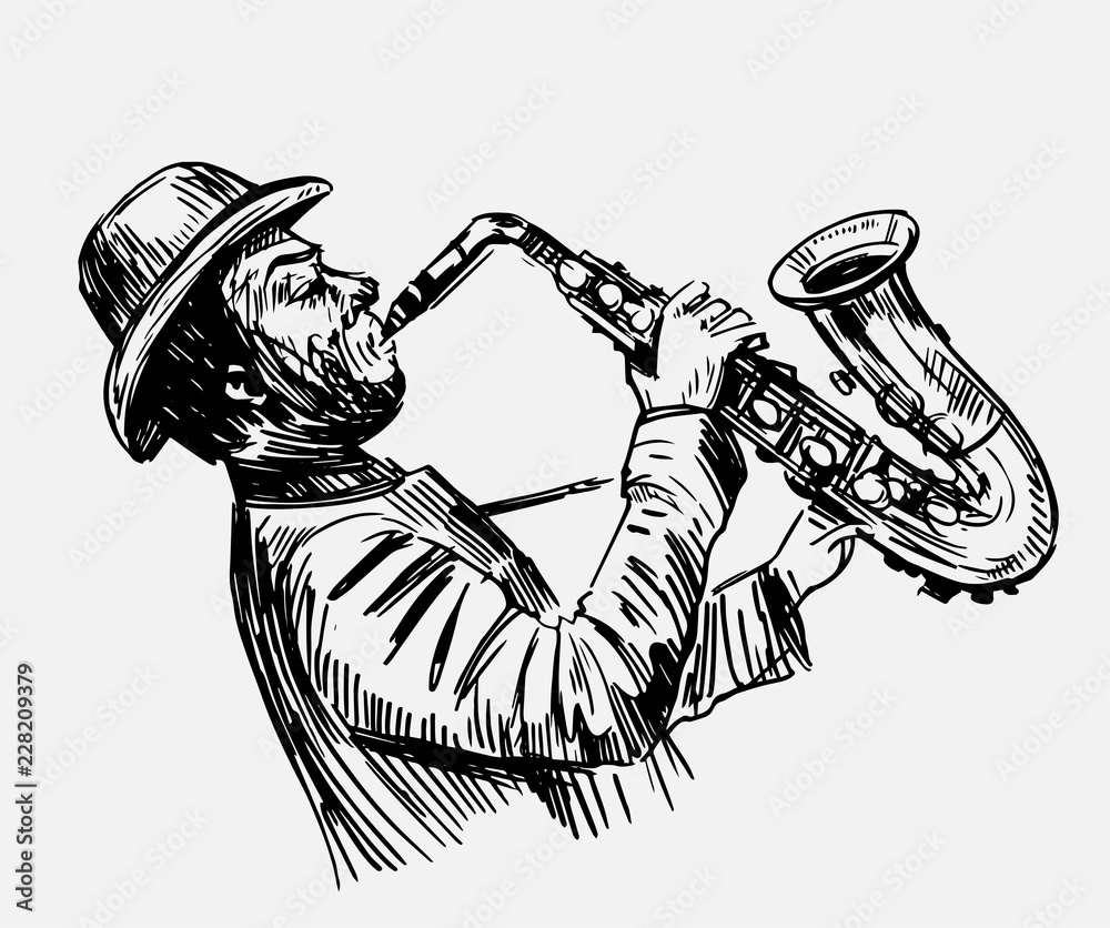 Naklejka premium Sketch of a saxophonist. Jazz musician. Hand drawn illustration converted to vector