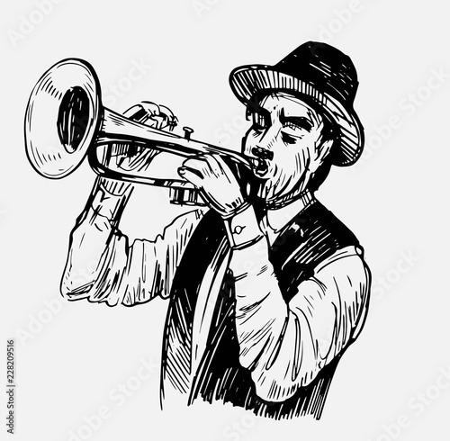 Sketch of trumpeter. Jazz musican. Hand drawn sketch converted to vector