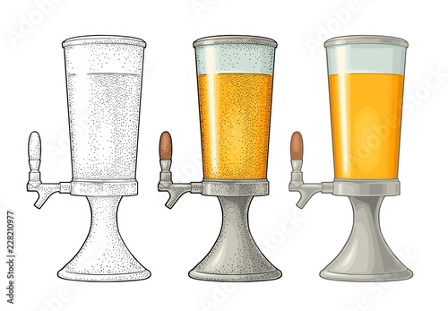 Beer tower with tap. Vintage vector color engraving illustration