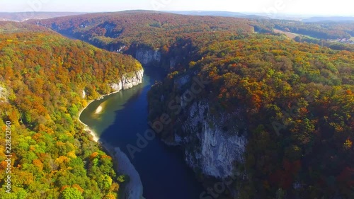 The Danube Gorge - Weltenburg Narrows or Weltenburger Enge. Camera flight over a wonder of nature in Bavaria, Germany. European rivers from above. photo