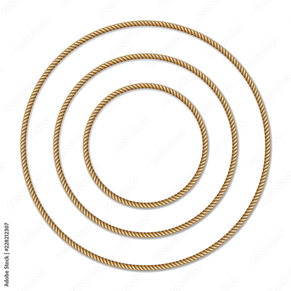 Set of yellow rope woven circle vector border, circle vector frame, isolated on white background
