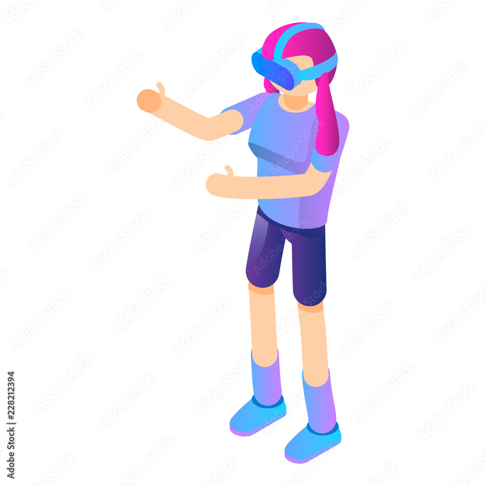 Girl vr helmet glasses icon. Isometric of girl vr helmet glasses vector icon for web design isolated on white background Girl vr helmet glasses icon. Isometric of girl vr helmet glasses vector icon for web design isolated on white background