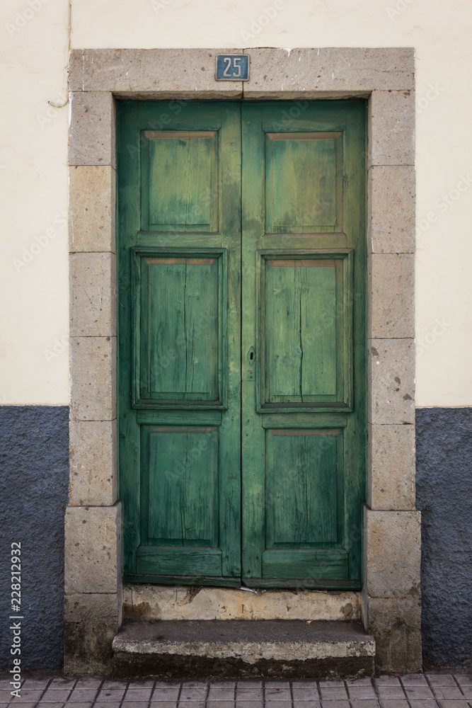 Green wood door. Home entrance, closed gate, old building, no entry concepts