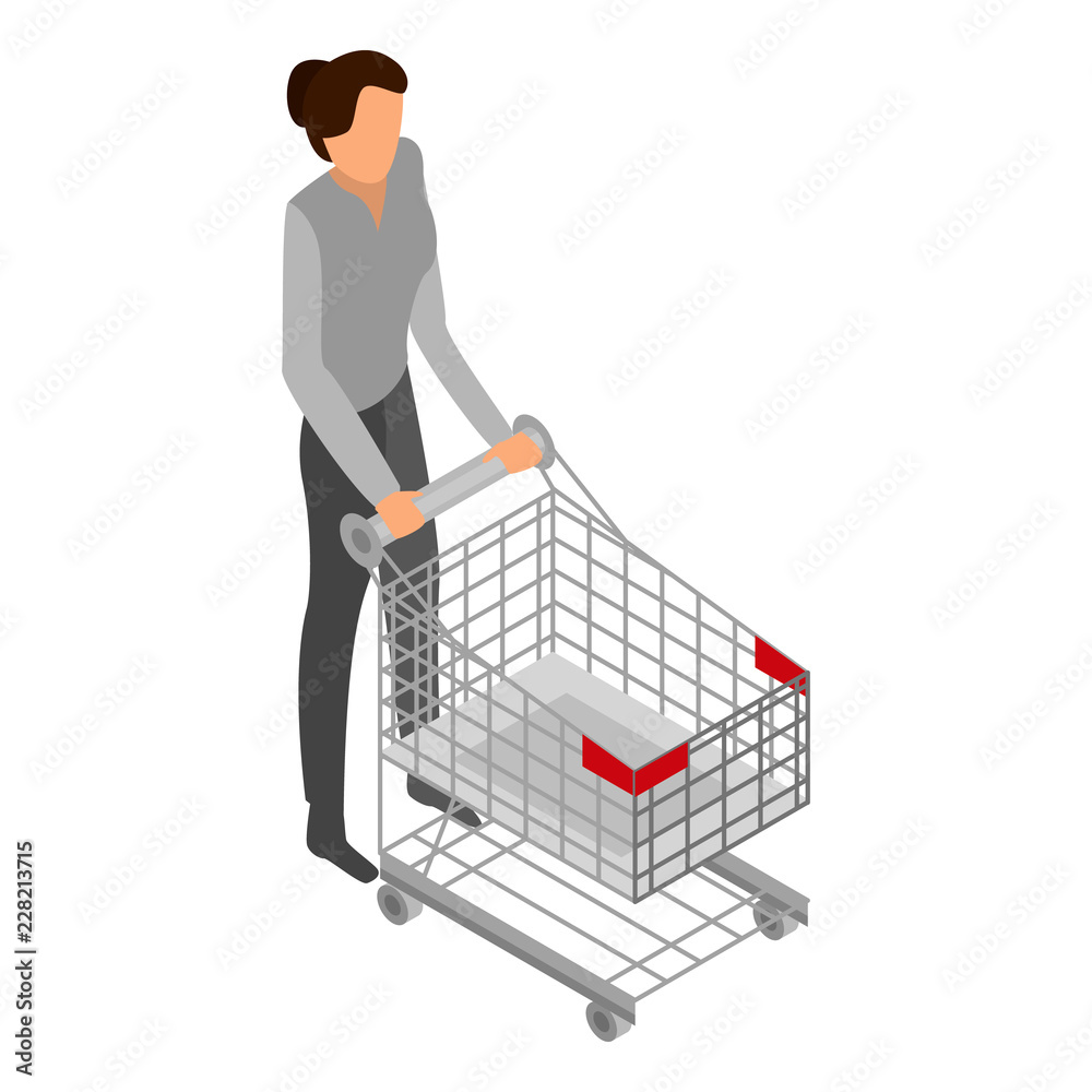 Woman with shop cart icon. Isometric of woman with shop cart vector icon for web design isolated on white background Woman with shop cart icon. Isometric of woman with shop cart vector icon for web design isolated on white background