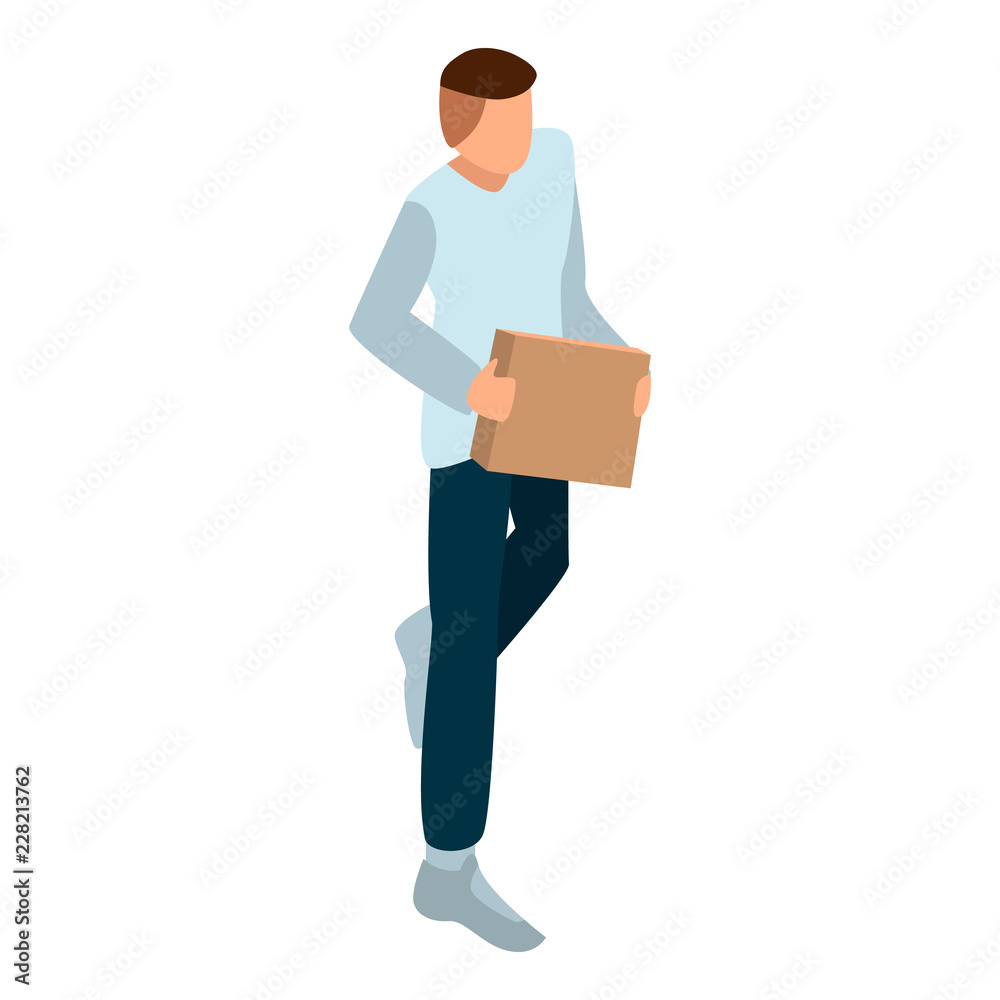 Man with carton box icon. Isometric of man with carton box vector icon for web design isolated on white background Man with carton box icon. Isometric of man with carton box vector icon for web design isolated on white background