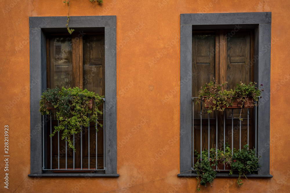 Beautiful windows of an orange house with typical wooden doors, balconies and plants. Shot in Santu Lussurgiu, Sardinia, Italy.