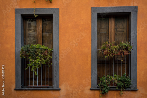 Beautiful windows of an orange house with typical wooden doors  balconies and plants. Shot in Santu Lussurgiu  Sardinia  Italy.