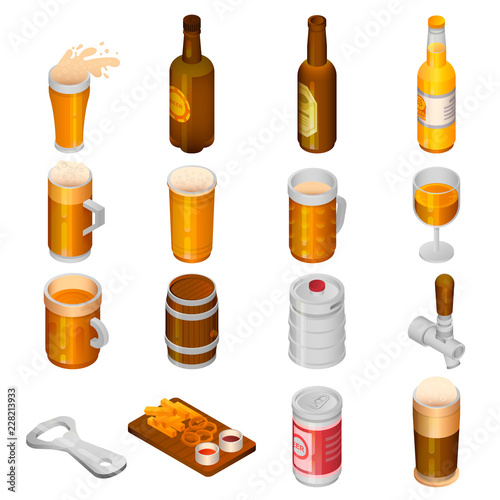 Beer drink icon set. Isometric set of beer drink vector icons for web design isolated on white background