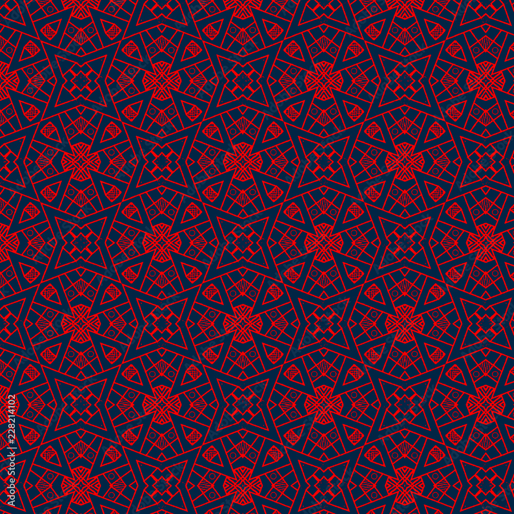 intricate bright red geometric repeating pattern over dark blue background.cool ethnic geometric design for elegant textiles, fabrics, backgrounds, wallpapers and creative surface designs