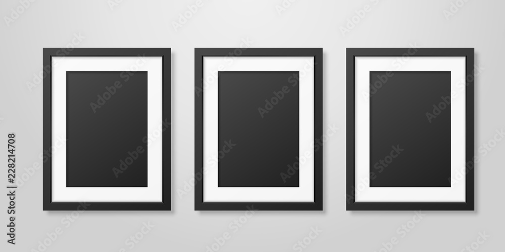 Three Vector Realistic Mofern Interior Black Blank Vertical A4 Wooden Poster Picture Frame Set Closeup on White Wall Mock-up. Empty Poster Frames Design Template for Mockup, Presentation