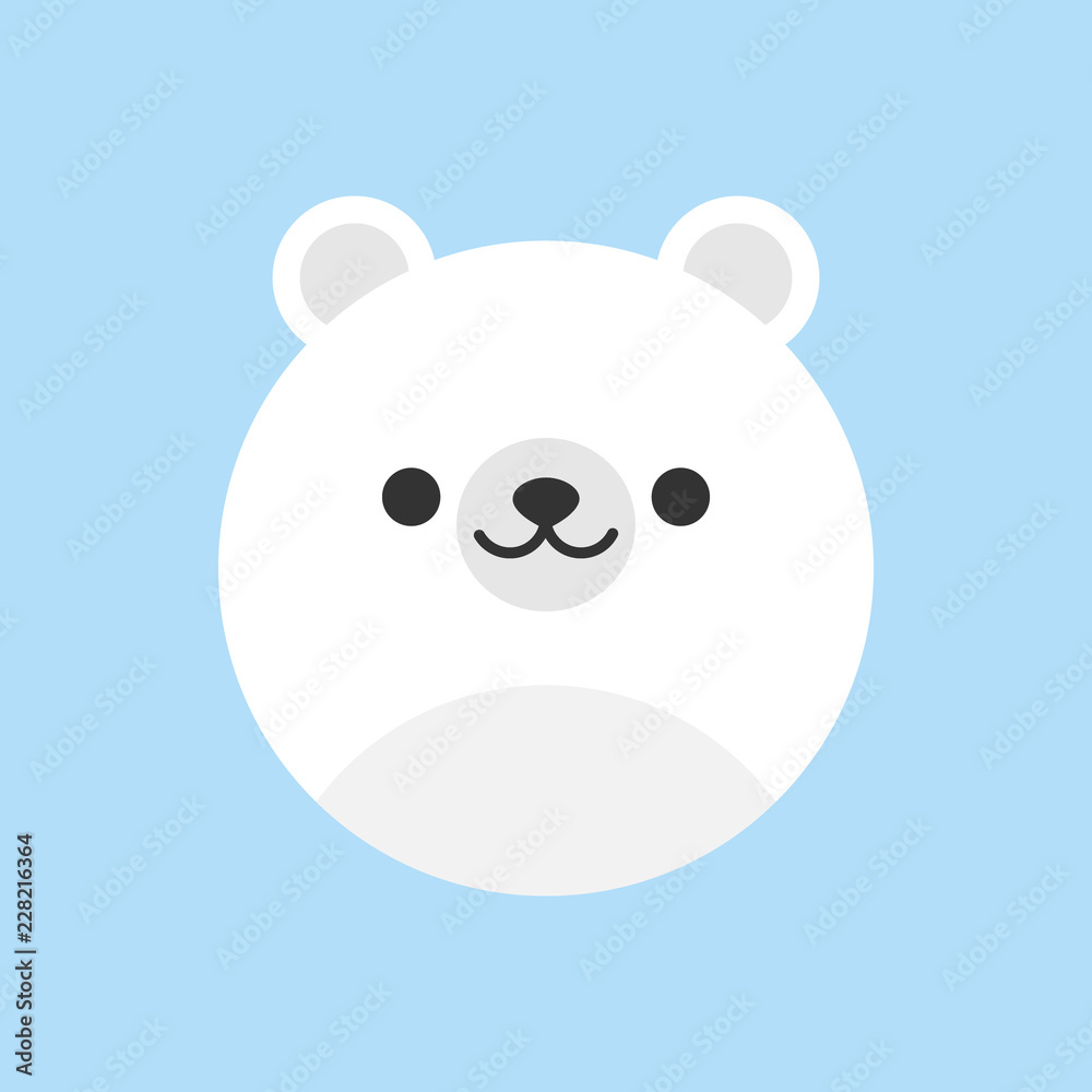 Cute polar bear round vector graphic icon. White polar bear animal head, face illustration. Isolated on blue background.