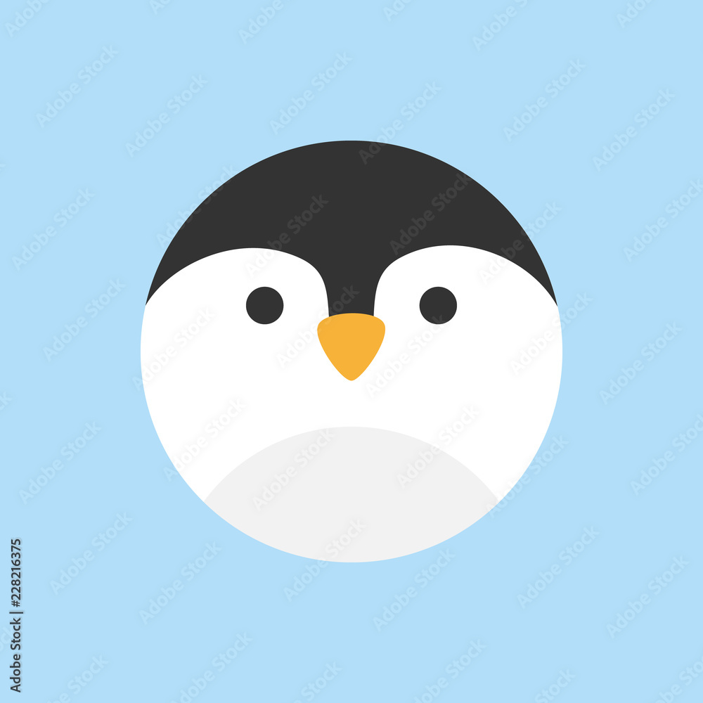 Obraz premium Ładny pingwin okrągły ikona grafiki wektorowej. Pingwin ptak głowa zwierzęcia, ilustracja twarz. Na białym tle na niebieskim tle.