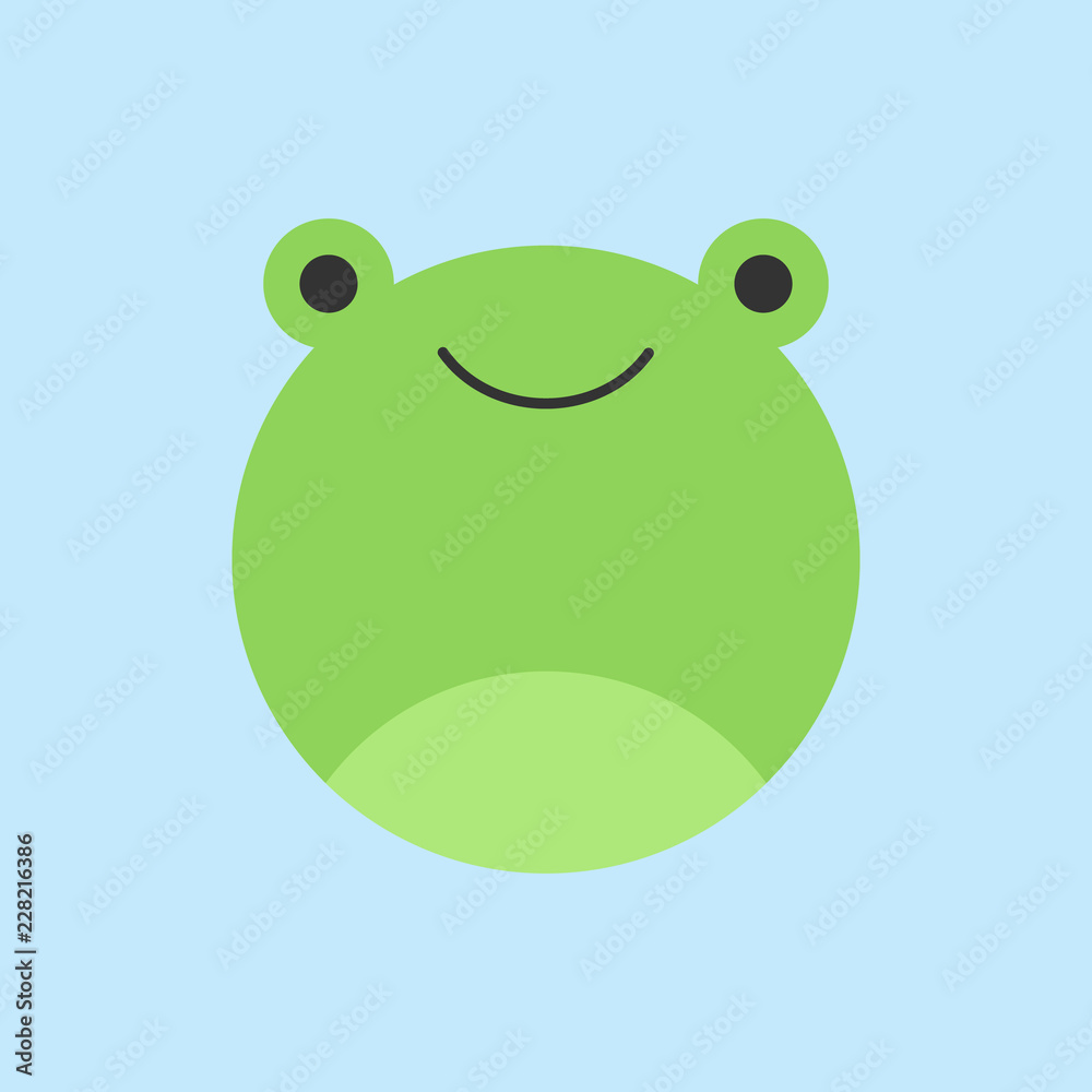 Naklejka premium Cute frog round vector graphic icon. Green frog animal head, face illustration. Isolated on blue background.