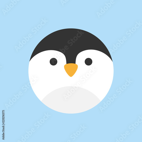 Cute penguin round vector graphic icon. Penguin bird animal head, face illustration. Isolated on blue background.