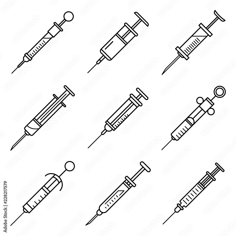 Syringe icon set. Outline set of syringe vector icons for web design isolated on white background