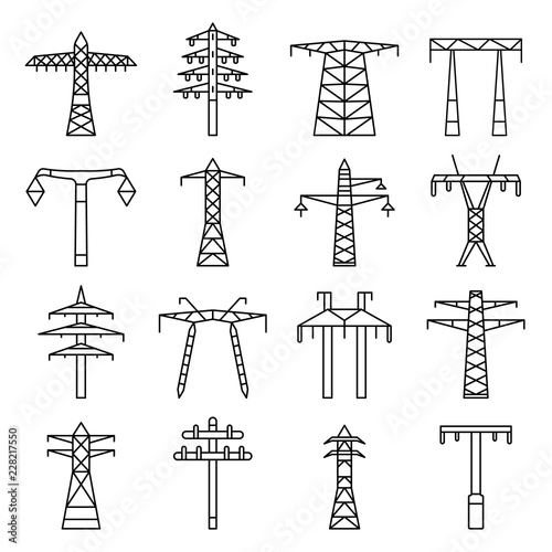 Electrical tower icon set. Outline set of electrical tower vector icons for web design isolated on white background