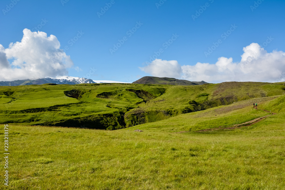 Rural landscape with green meadow and trail on sunny summer day and blue sky in Iceland, near Skogafoss