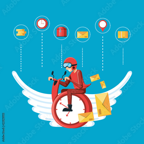 courier worker with clock flying logistic service