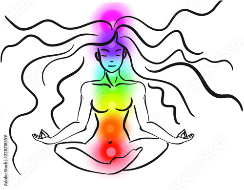 line drawn Meditating woman in lotus pose. Yoga VECTOR illustration. Colorful 7 chakras