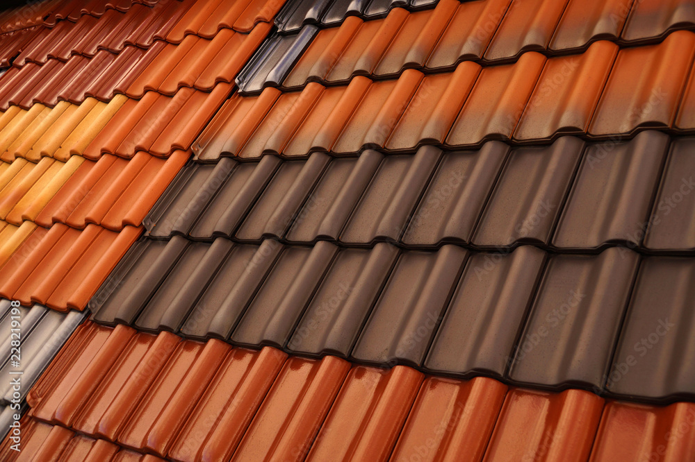 Glossy, matte and textured surface. Different colored roof tiles. Glossy, matte and textured surface. Different colored roof tiles.
