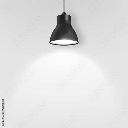 Vector Realistic 3d Black Spotlight, Hang Ceiling Lamp or Chandelier on Rope Illuminating the Wall Under it Closeup on Grey Background. Design Template of Glowing Interior Spot Lamp with light