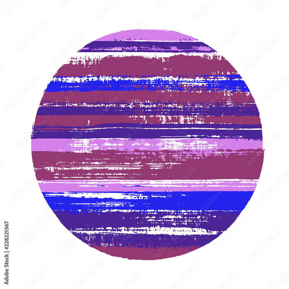 Modern circle vector geometric shape with stripes texture of paint horizontal lines. Disk banner with old paint texture. Stamp round shape circle logo element with grunge stripes background.
