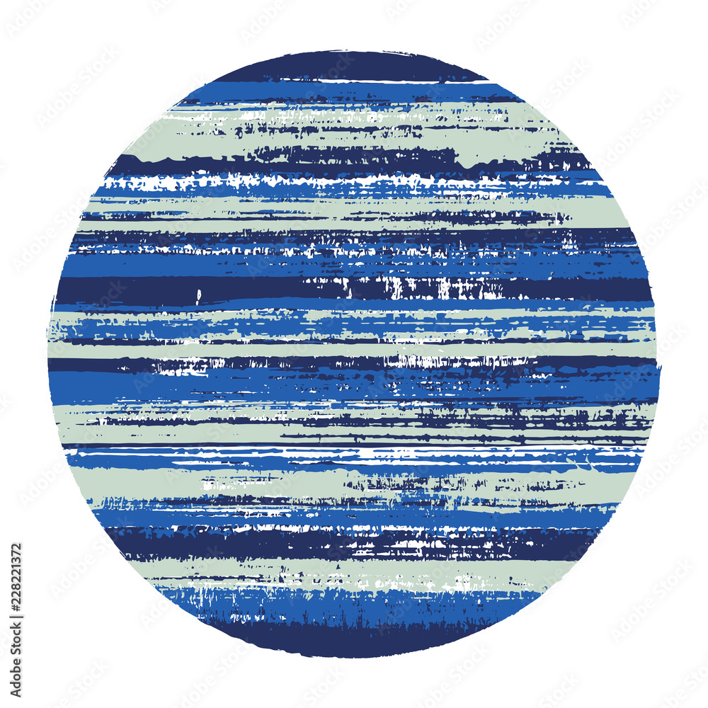 Rough circle vector geometric shape with striped texture of paint horizontal lines. Disk banner with old paint texture. Stamp round shape circle logo element with grunge background of stripes.