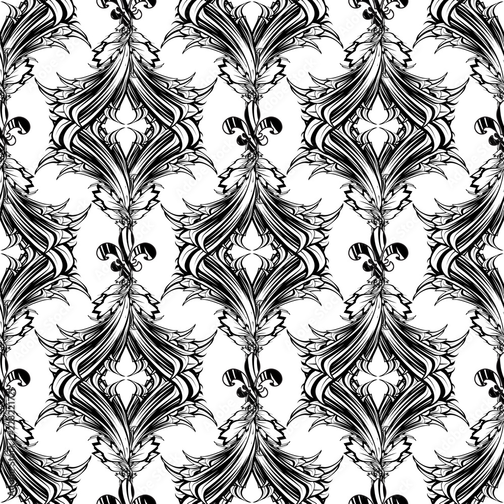 Baroque black and white vector seamless pattern. Damask monochrome ornamental background. Repeated floral backdrop. Vintage sketching flowers, leaves, skroll. Antique old style ornament. Ornate design