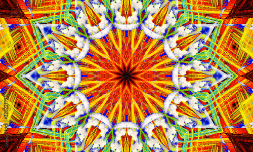 Extremely colorful mandala Art with a beautiful symmetric pattern and a lot of small abstract shapes.