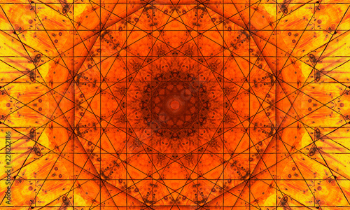 A flower-shaped mandala with shades of orange and a simple artistic pattern.