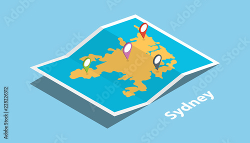 sydney australia central city explore maps with isometric style and pin location tag on top vector illustration