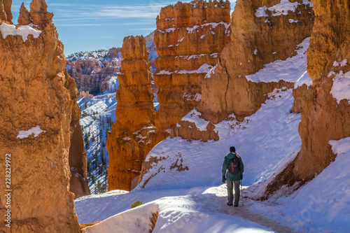 Snowy winter day in the orange canyon of Bryce National Park, Utah