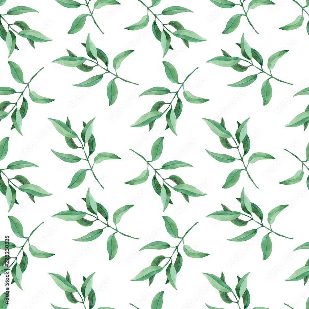 Seamless pattern with green leaves on white background. Hand drawn watercolor illustration.