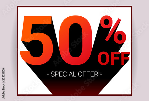 50% OFF Sale. Red color 3D text and black shadow on white background design. Discount special offer promo advertising card concept vector illustration.