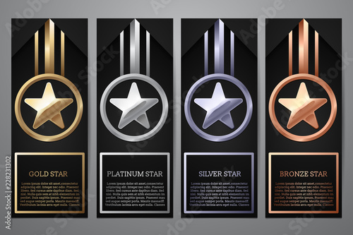 Set of black banners, Gold, platinum,silver and bronze star, Vector illustration.l