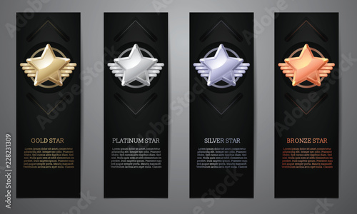 Set of black banners, Gold, platinum,silver and bronze star, Vector illustration.l