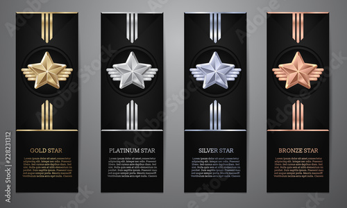 Set of black banners, Gold, platinum,silver and bronze star, Vector illustration.l