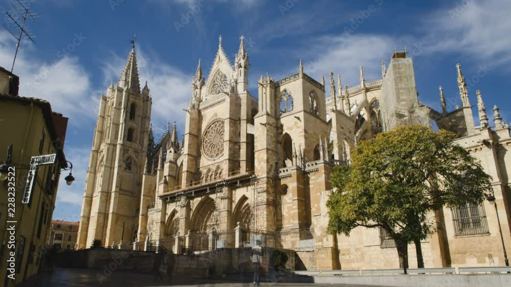 Side view of XIII century gothic cathedral in Leon, Spain. Time Lapse Side view of XIII century gothic cathedral in Leon, Spain. Time Lapse